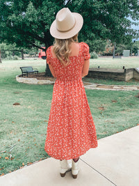 PUFF SLEEVE FLORAL PRINT MIDI DRESS