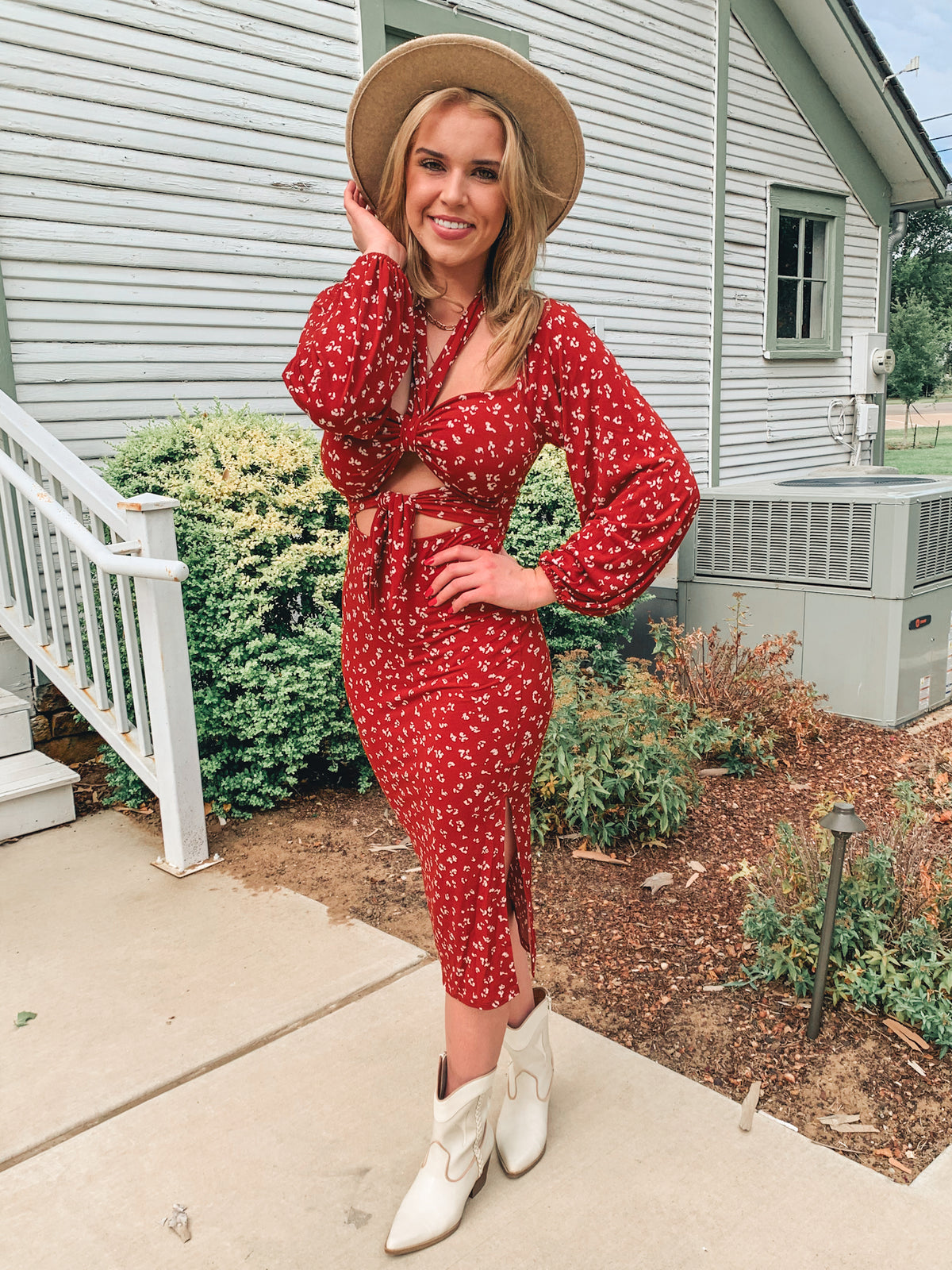 Printed stretch knit halter midi dress