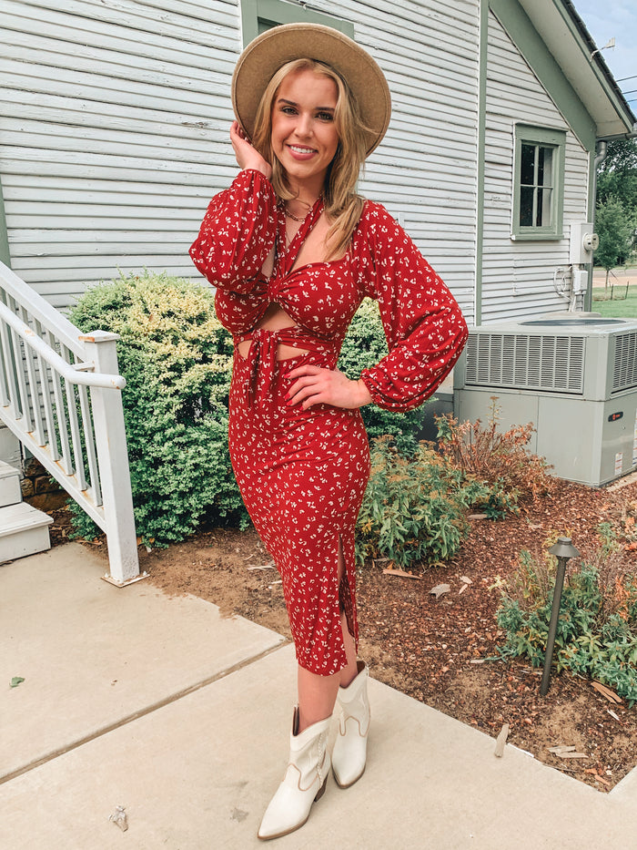 Printed stretch knit halter midi dress