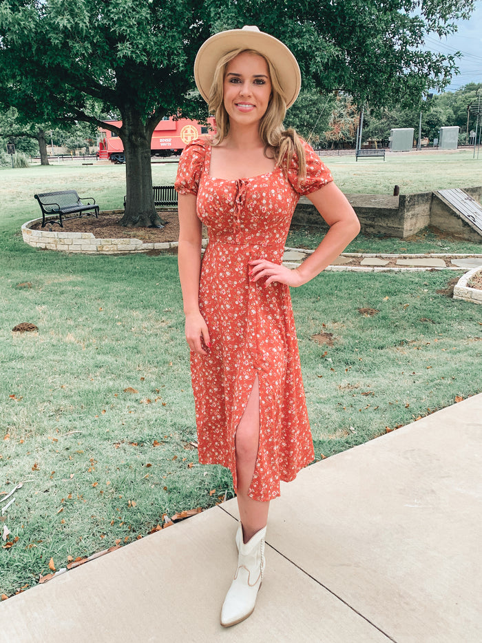 PUFF SLEEVE FLORAL PRINT MIDI DRESS