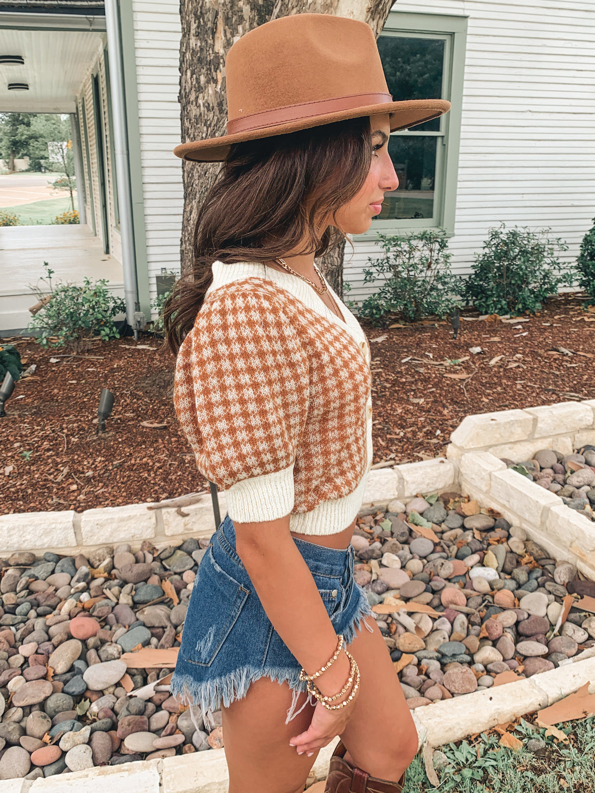 Camel Gingham Sweater Short Sleeve Top