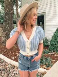 Periwinkle Gingham Sweater Short Sleeve Top
