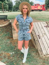 DENIM COLLARED BUTTON DOWN ROMPER