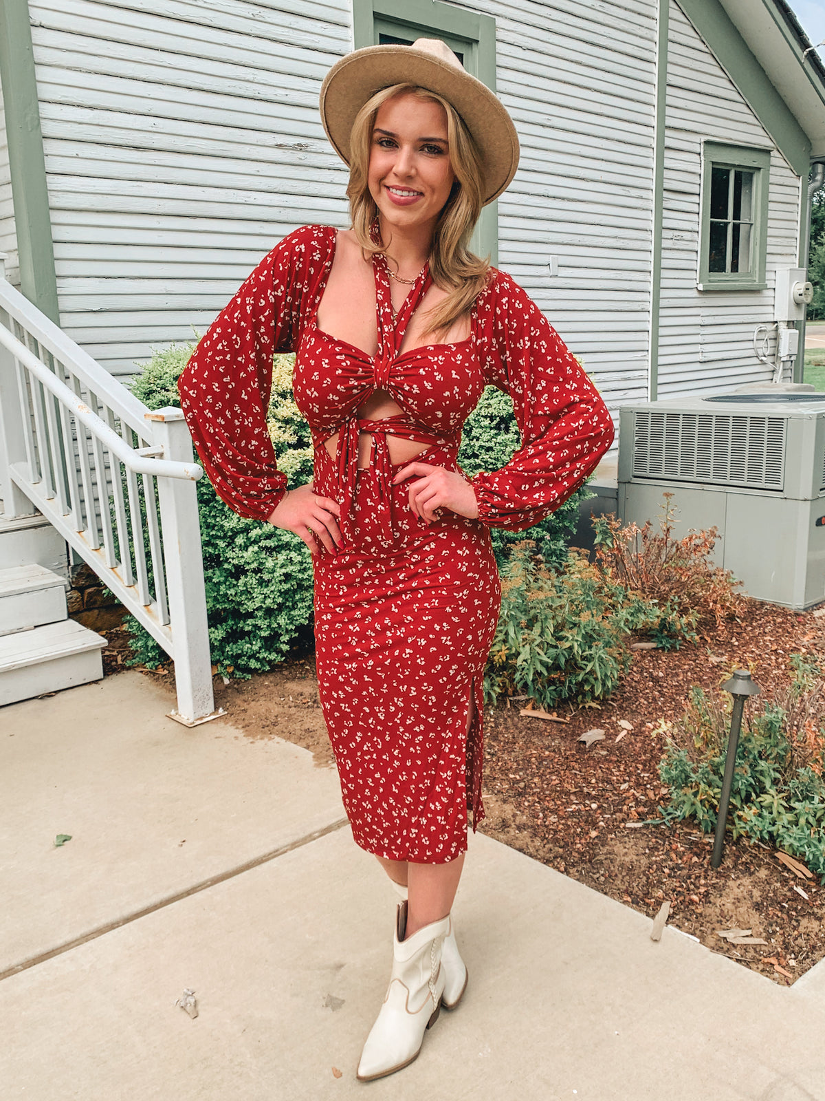 Printed stretch knit halter midi dress