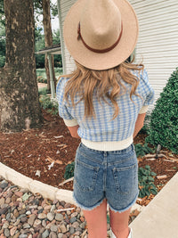 Periwinkle Gingham Sweater Short Sleeve Top