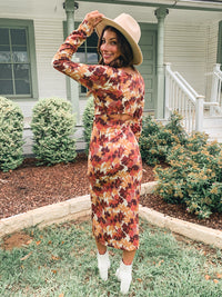 ABSTRACT PRINT FRONT TWIST CUT OUT MIDI DRESS