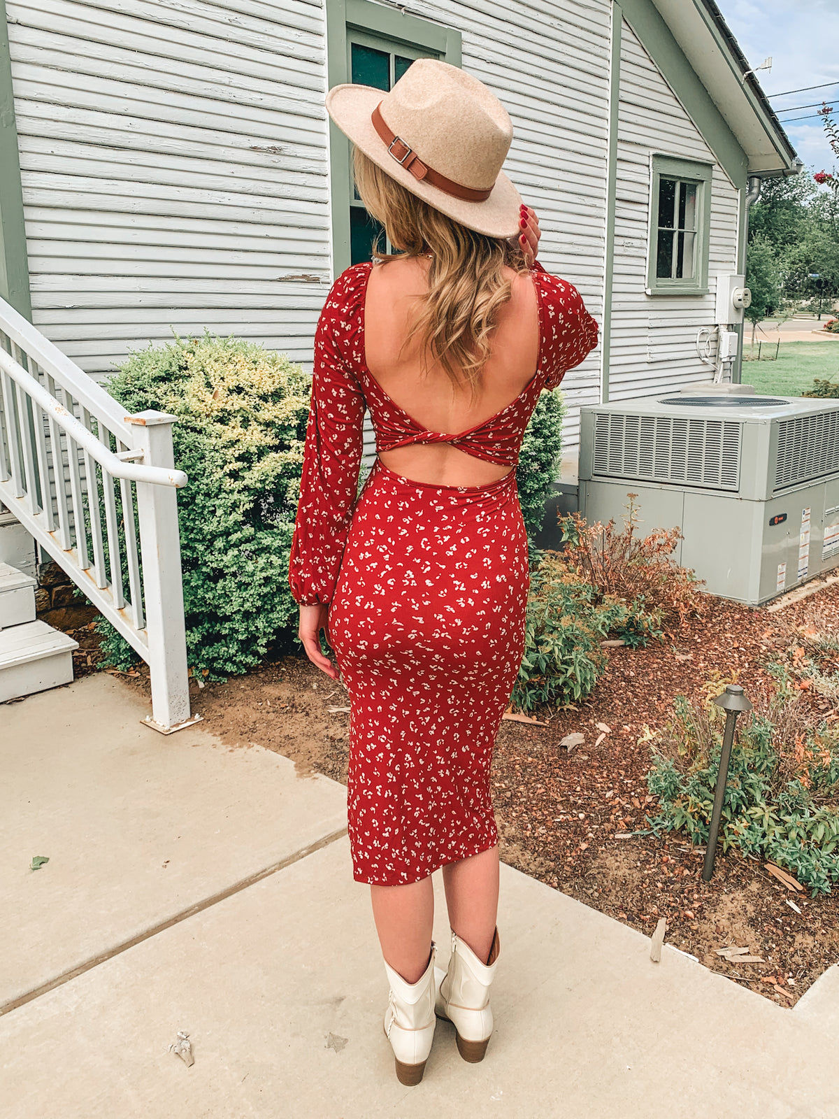 Printed stretch knit halter midi dress