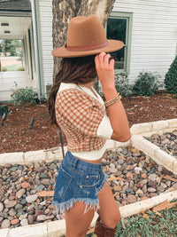 Camel Gingham Sweater Short Sleeve Top