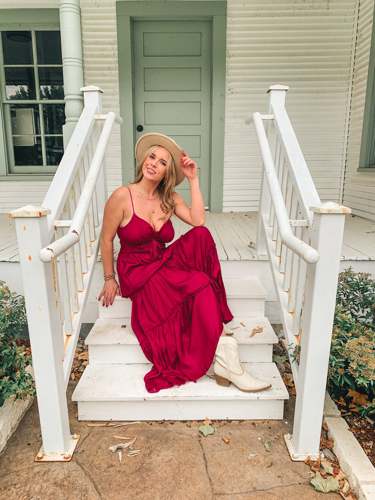 WINE SMOCKED TIERED MAXI DRESS