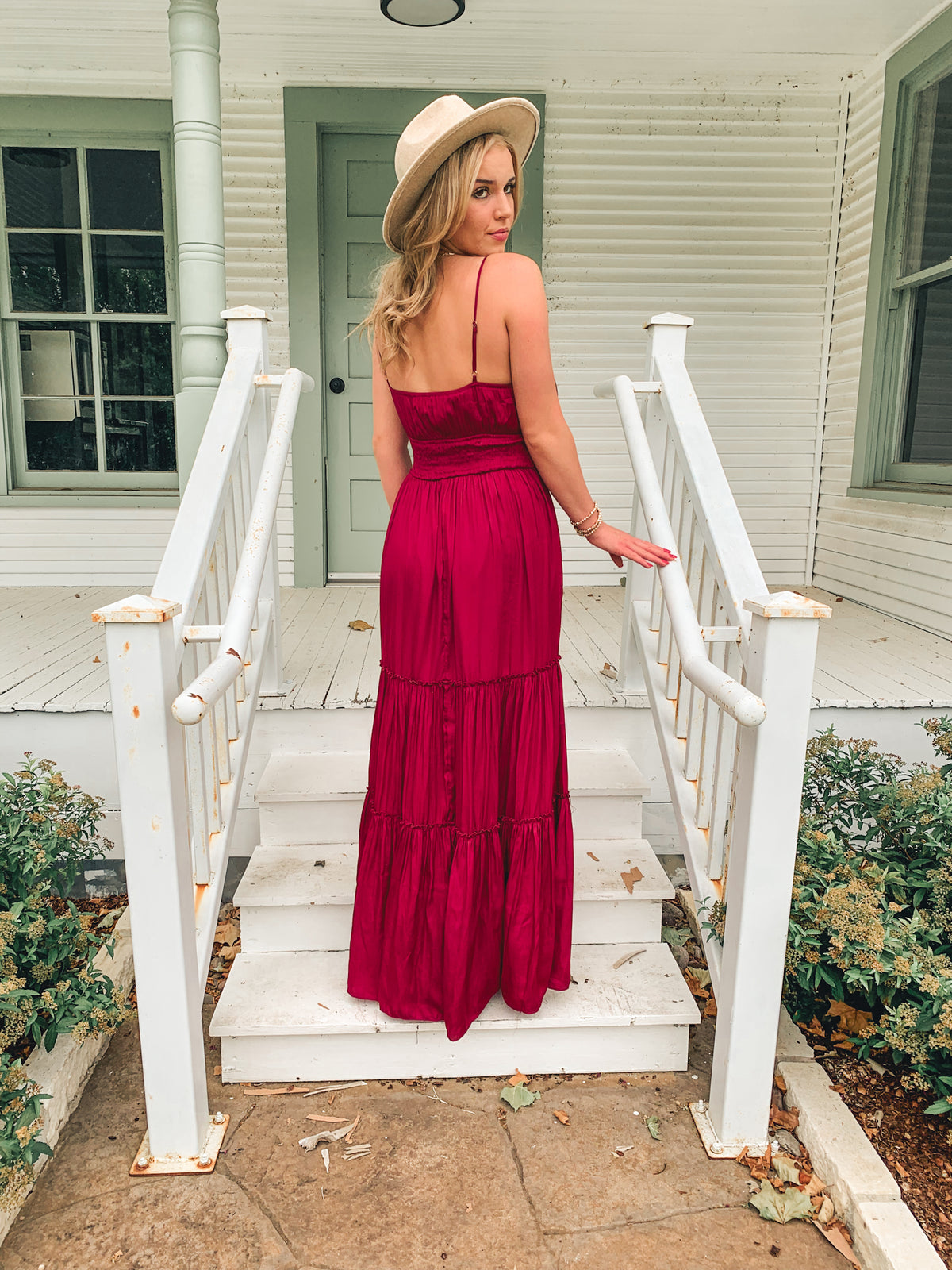 WINE SMOCKED TIERED MAXI DRESS
