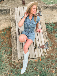 DENIM COLLARED BUTTON DOWN ROMPER