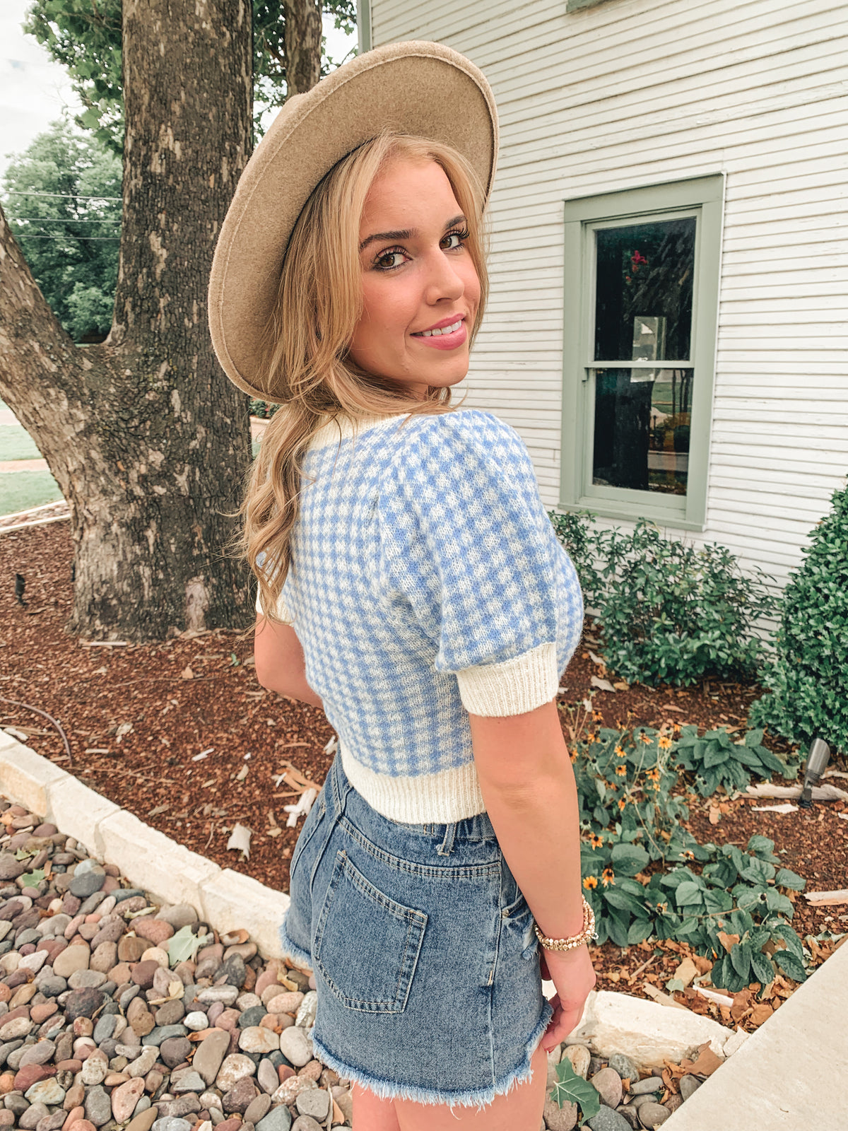 Periwinkle Gingham Sweater Short Sleeve Top
