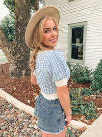 Periwinkle Gingham Sweater Short Sleeve Top