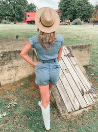 DENIM COLLARED BUTTON DOWN ROMPER