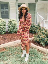 ABSTRACT PRINT FRONT TWIST CUT OUT MIDI DRESS