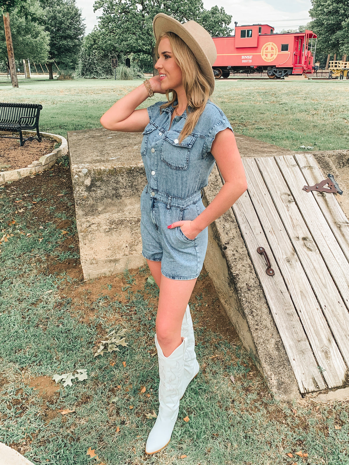 DENIM COLLARED BUTTON DOWN ROMPER