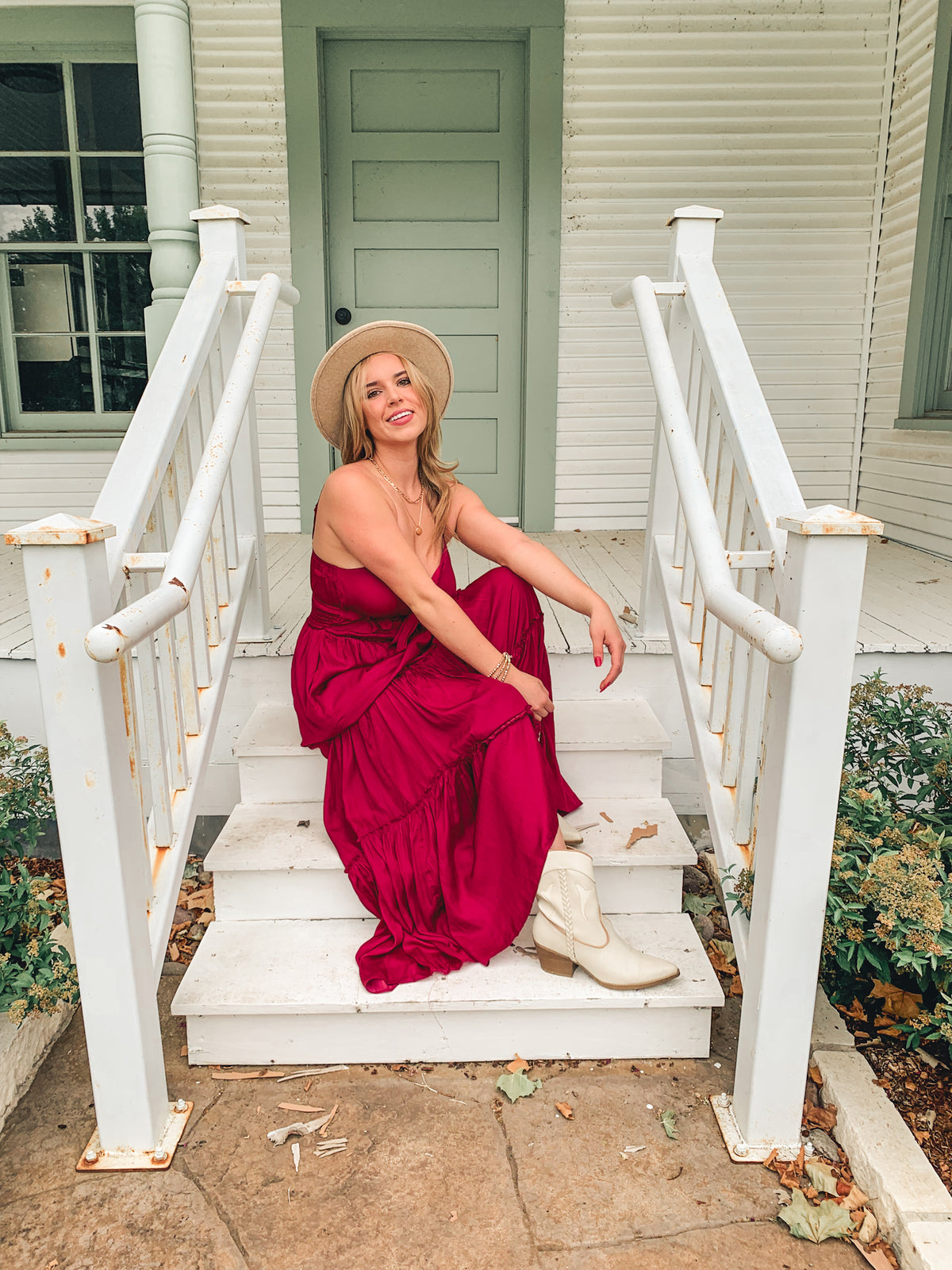 WINE SMOCKED TIERED MAXI DRESS