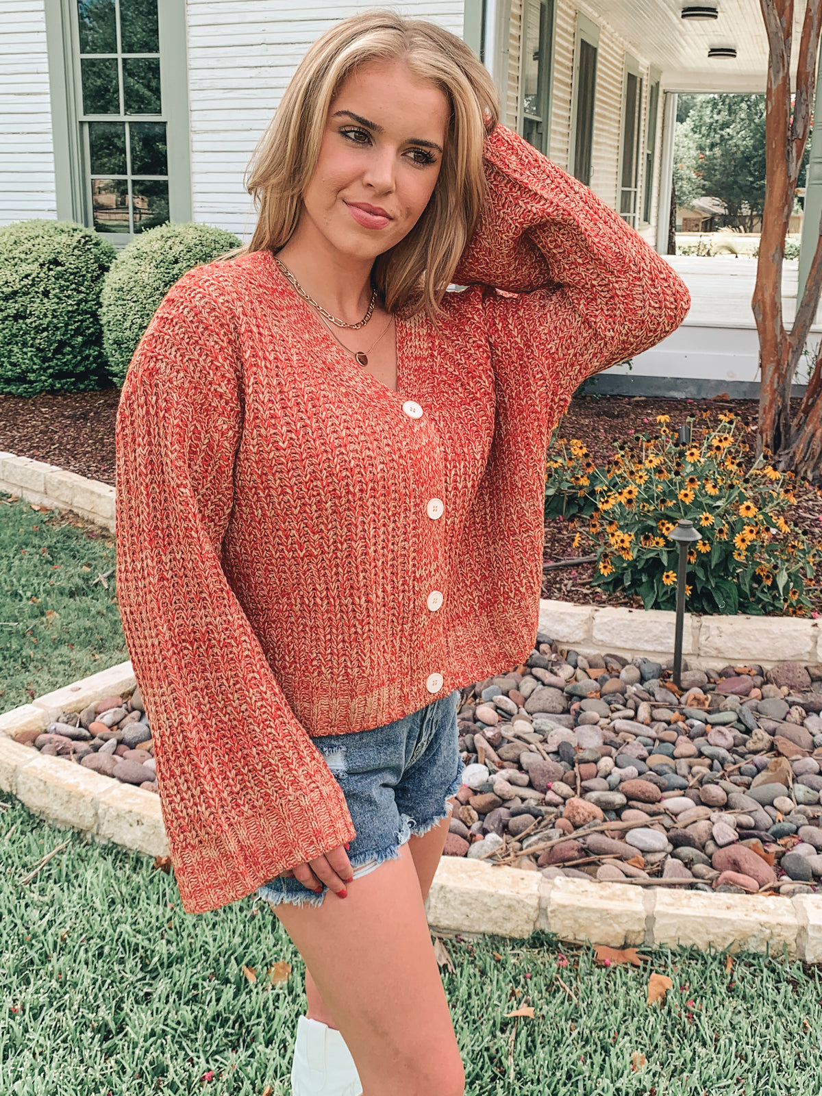 LONG BELL SLEEVE BUTTON UP SWEATER