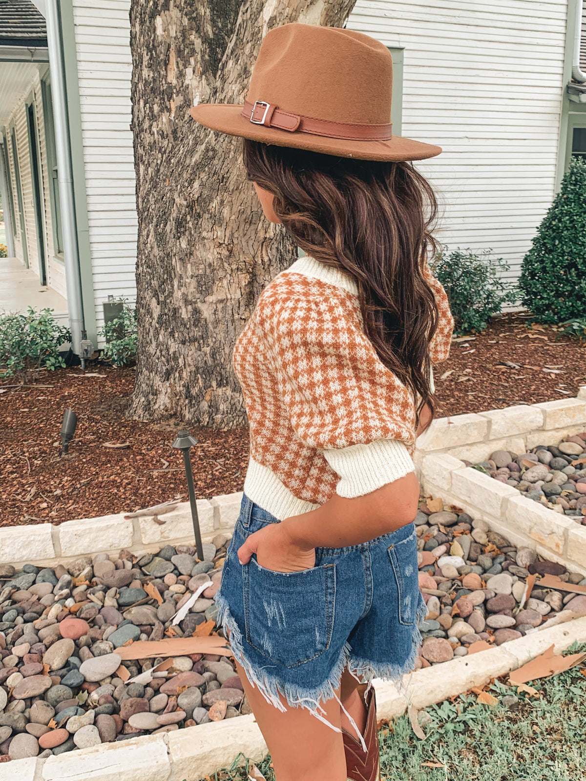 Camel Gingham Sweater Short Sleeve Top