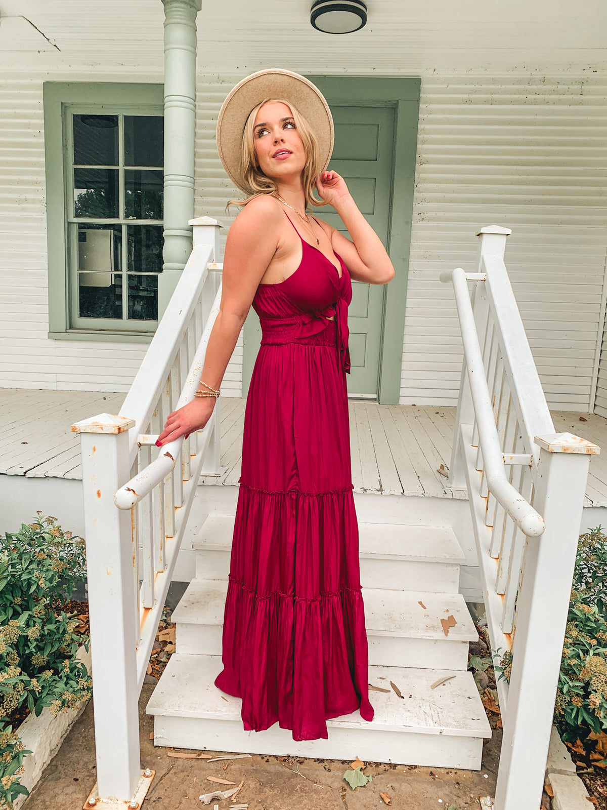 WINE SMOCKED TIERED MAXI DRESS