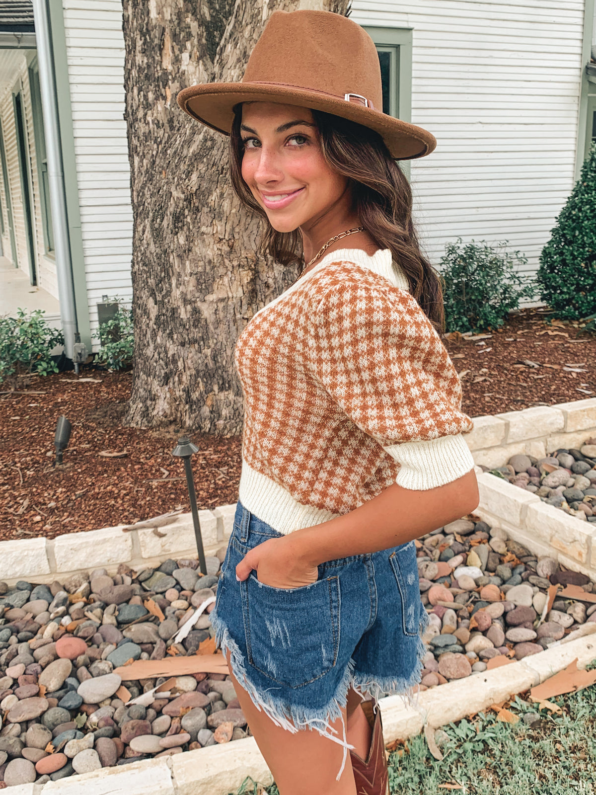Camel Gingham Sweater Short Sleeve Top