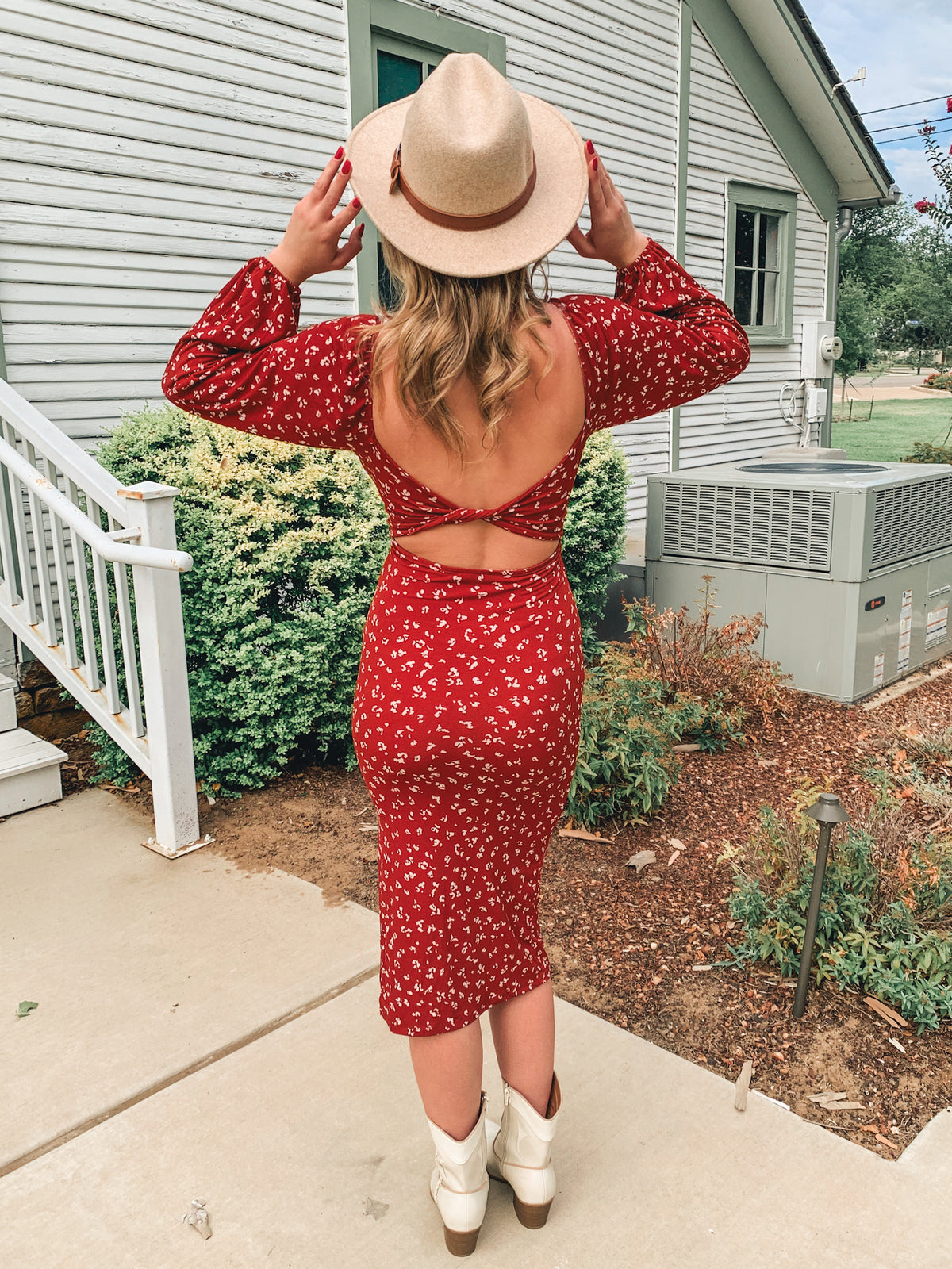 Printed stretch knit halter midi dress