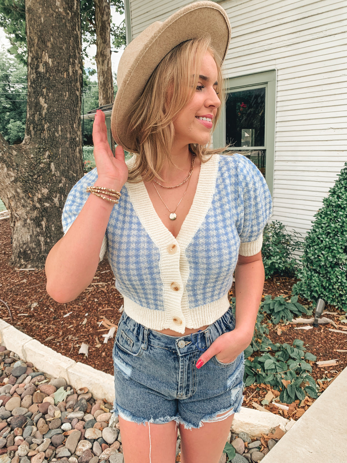 Periwinkle Gingham Sweater Short Sleeve Top