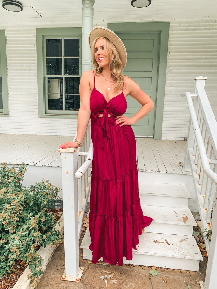 WINE SMOCKED TIERED MAXI DRESS