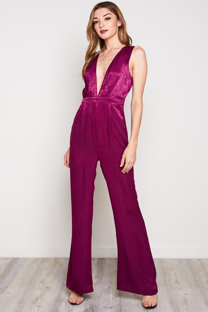 SATIN PLUNGING NECK SLEEVELESS JUMPSUIT