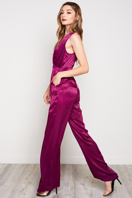 SATIN PLUNGING NECK SLEEVELESS JUMPSUIT