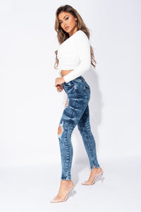Dark Blue Acid Distressed Front Rip Skinny Jeans