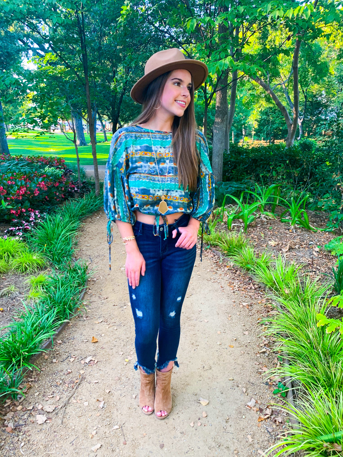 Multi print bishop sleeve crop top