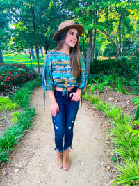 Multi print bishop sleeve crop top