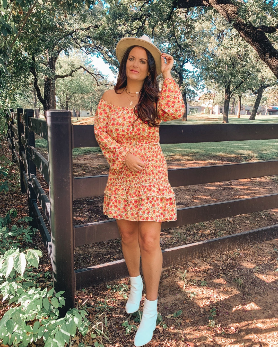 Off Shoulder Floral Print High Waisted Smocked Ruffle Dress