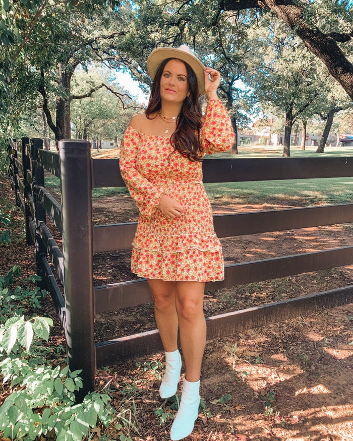 Off Shoulder Floral Print High Waisted Smocked Ruffle Dress