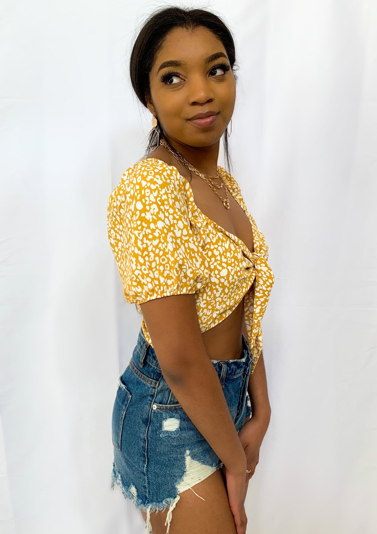 Reversible Yellow Square Neck Printed Back Tie Top