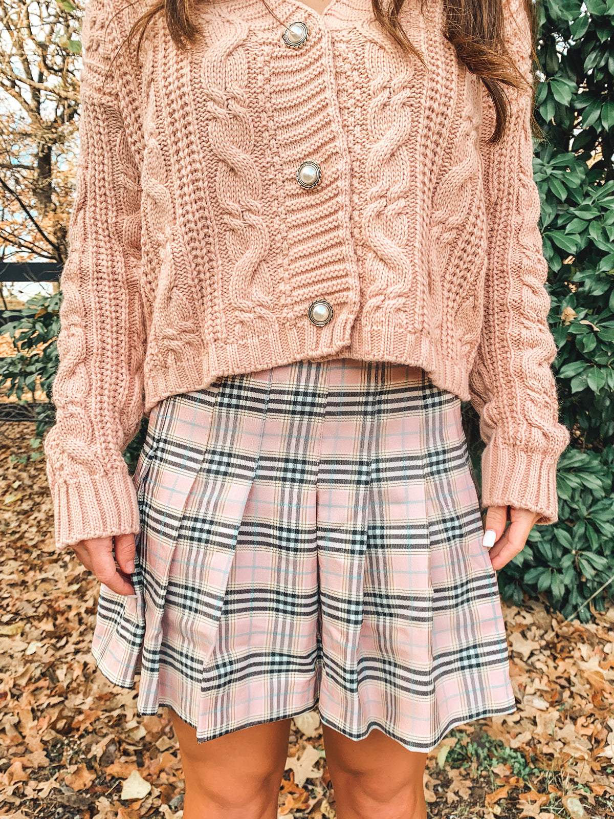 Mauve Plaid Print Pleated Skirt