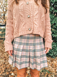 Mauve Plaid Print Pleated Skirt
