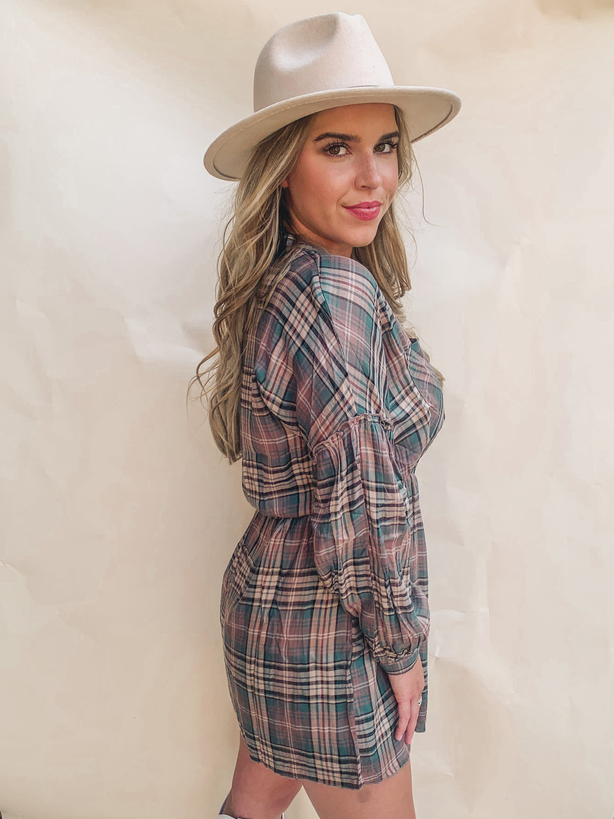 PLAID PRINT LONG-SLEEVE SHIRTDRESS