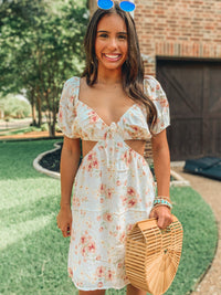 IVORY FLORAL PUFF SLEEVE CUTOUT DRESS