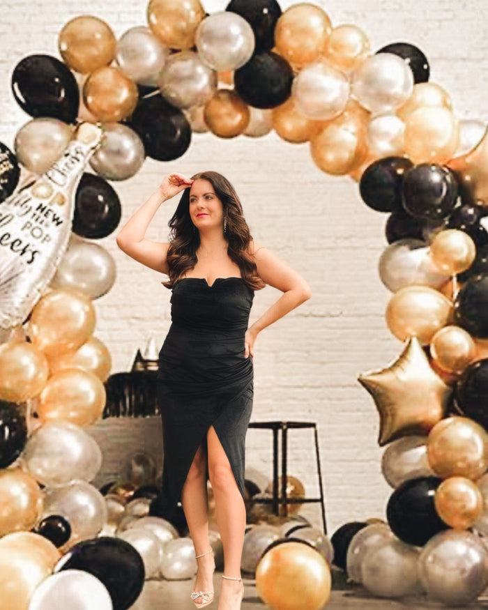 Black Ruched Bandeau Wrap Detail Split Midi Dress