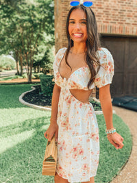 IVORY FLORAL PUFF SLEEVE CUTOUT DRESS