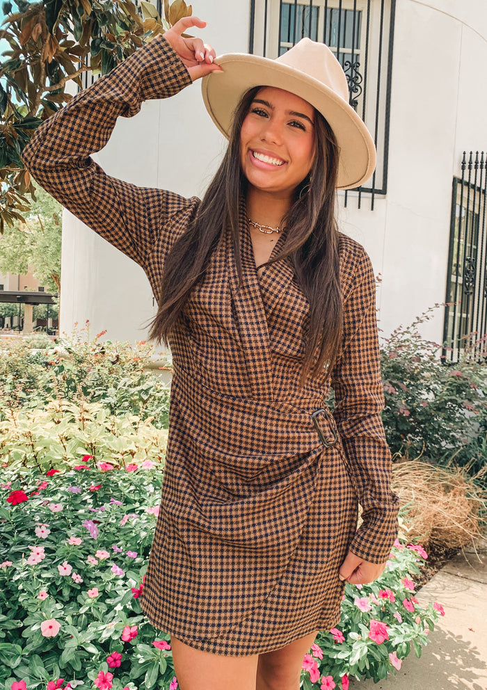BROWN PLAID WRAP DRESS