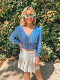 SMOCKED CHAMBRAY BUTTON CROPPED BLOUSE