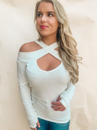 CREAM RIB KNIT CROSS NECK BANDED TOP