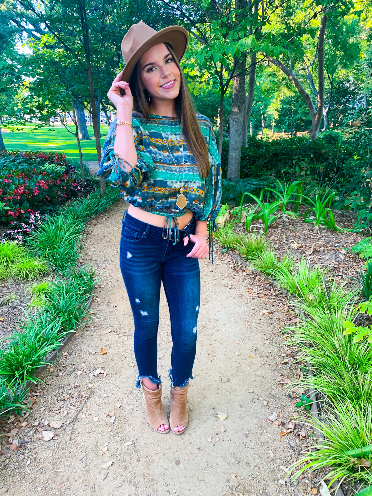 Multi print bishop sleeve crop top