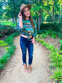 Multi print bishop sleeve crop top