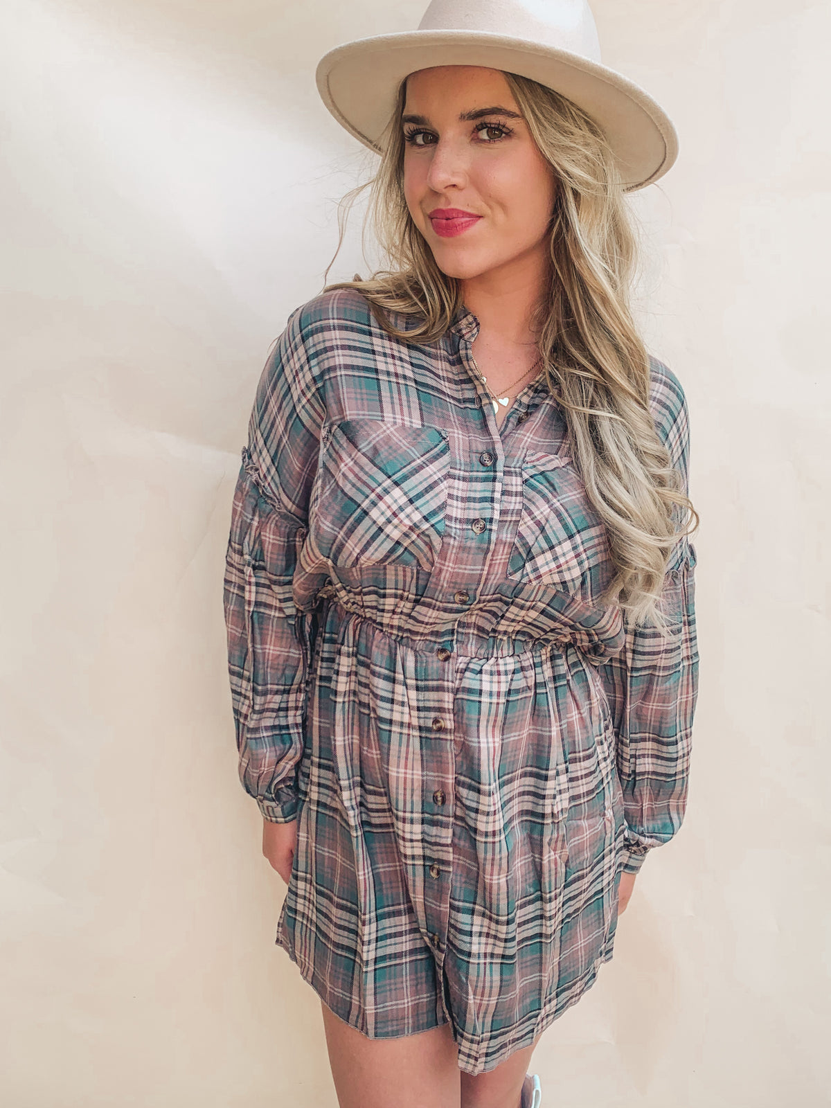 PLAID PRINT LONG-SLEEVE SHIRTDRESS