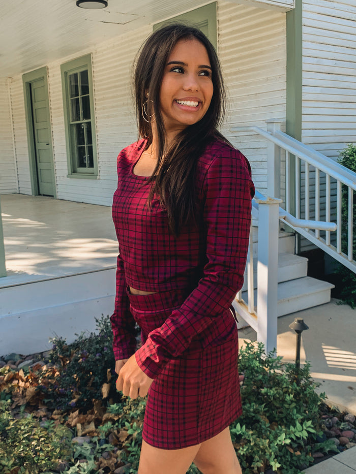 Wine Plaid Skirt Set