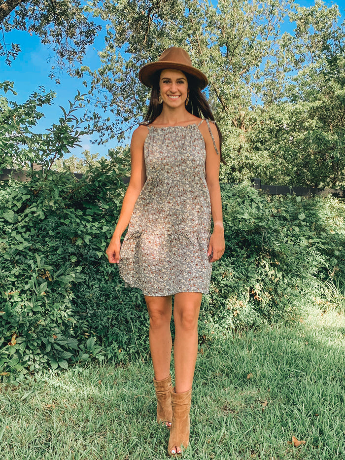 Sage Floral Print Tie Shoulder Short Dress